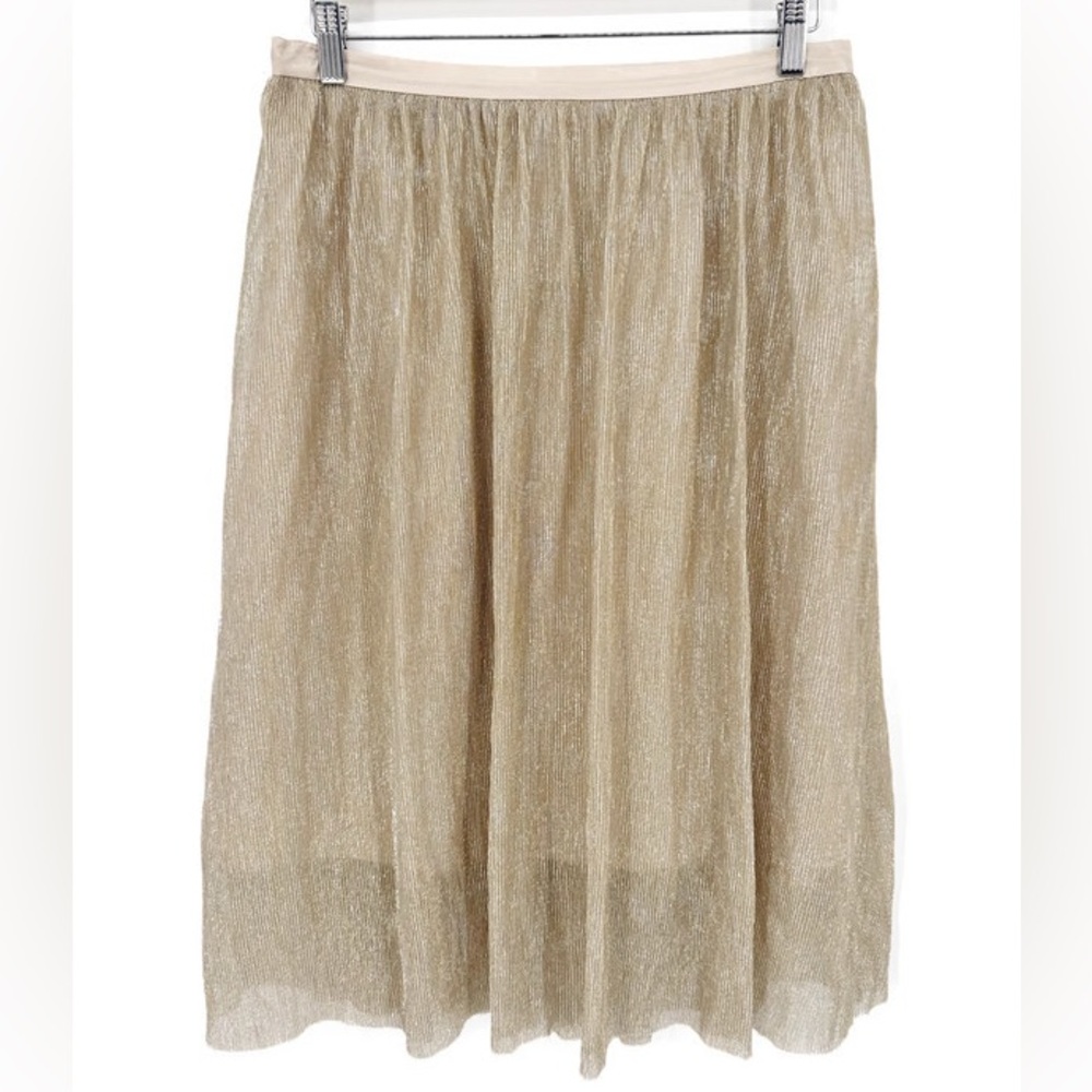 Lavand Gold Shimmer Pleated Midi Skirt Metallic Pleated Sheer Lined Sz L